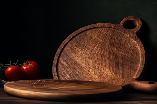 A wooden cutting board and a tomato on a table