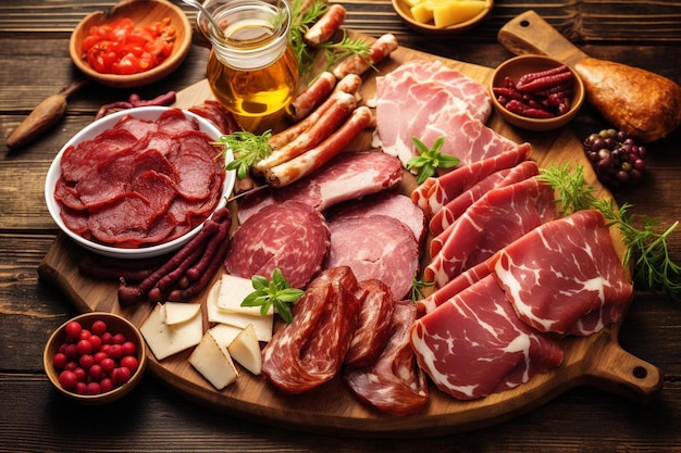 a wooden cutting board topped with meat and vegetables