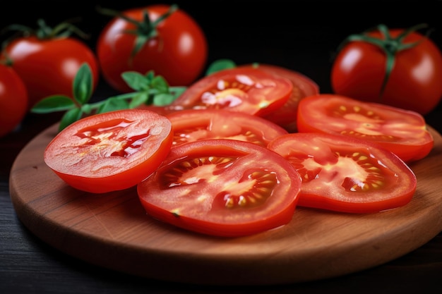 A wooden cutting board topped with sliced tomatoes generative AI