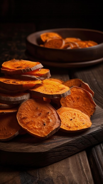 A wooden cutting board topped with sliced up sweet potatoes generative AI