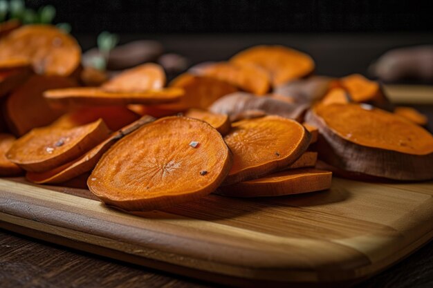 A wooden cutting board topped with sliced up sweet potatoes generative AI