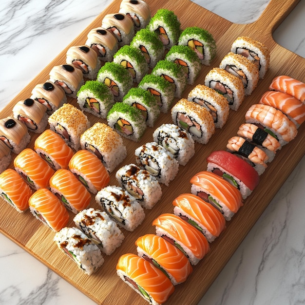 Photo wooden cutting board with assorted sushi rolls including california rolls