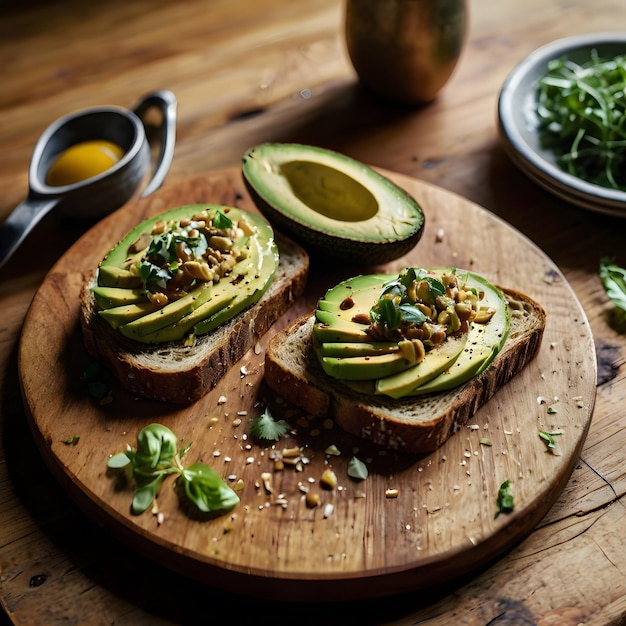 a wooden cutting board with avocado and avocado on it