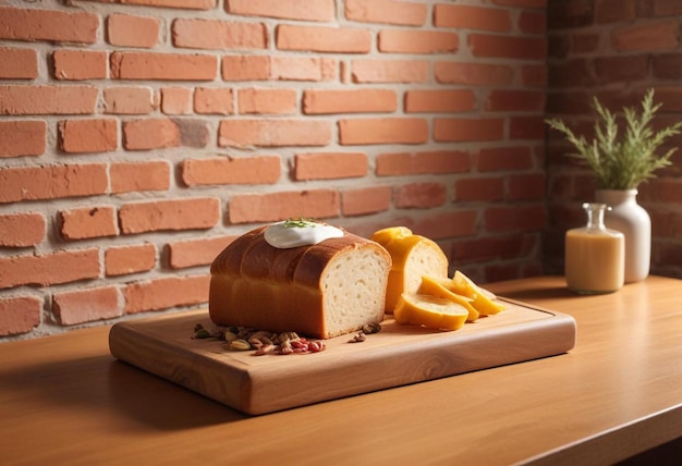 Photo wooden cutting board with bread against a rustic brick wall background