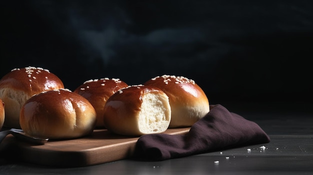 A wooden cutting board with bread on it and a dark background.