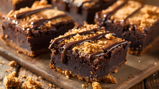 a wooden cutting board with a bunch of chocolate desserts on it