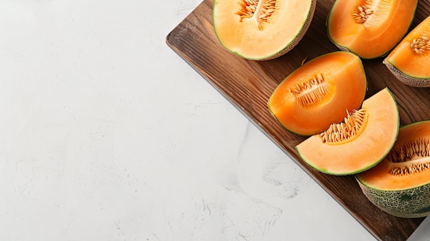 a wooden cutting board with a bunch of melons on it