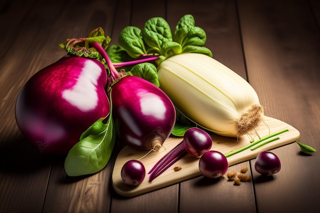 A wooden cutting board with a bunch of purple radish and a white eggplant on it.