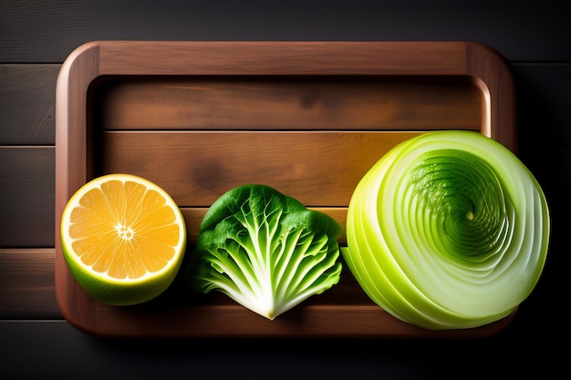 A wooden cutting board with cabbage, orange and lemons on it.