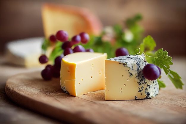 A wooden cutting board with cheese and grapes on it.