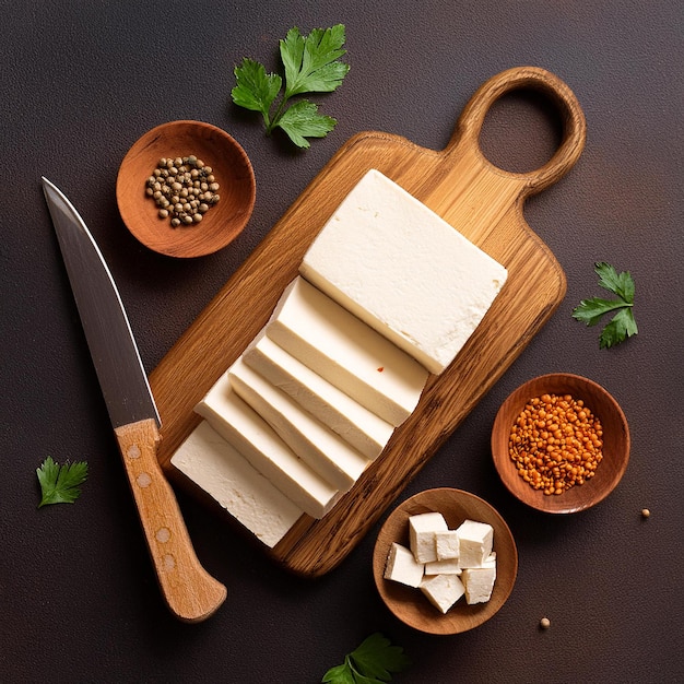 a wooden cutting board with cheese and a knife on it