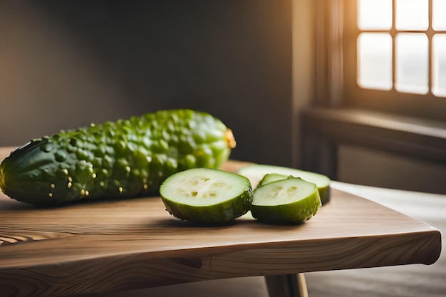 A wooden cutting board with cucumber slices on it.