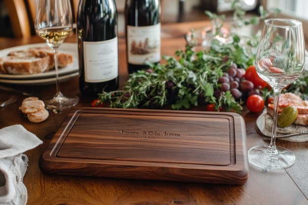 Wooden Cutting Board with Engraved Name on a Table with Wine Glasses and Food