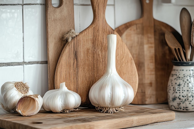 a wooden cutting board with garlic on it and a wooden board with a knife on it