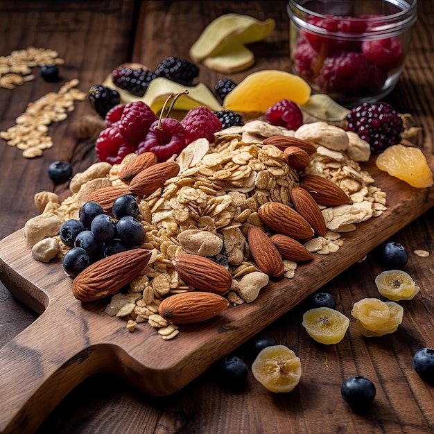 A wooden cutting board with granola, blueberries, bananas, and almonds.