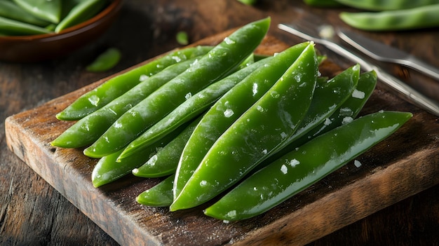 a wooden cutting board with green beans and a pair of tongs