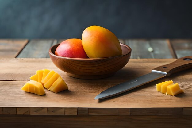 Photo a wooden cutting board with a knife next to a mango and a mango on it.