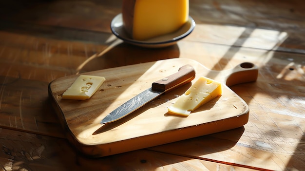 Photo a wooden cutting board with a knife and two pieces of cheese on it the board is placed on a wooden table the background is out of focus