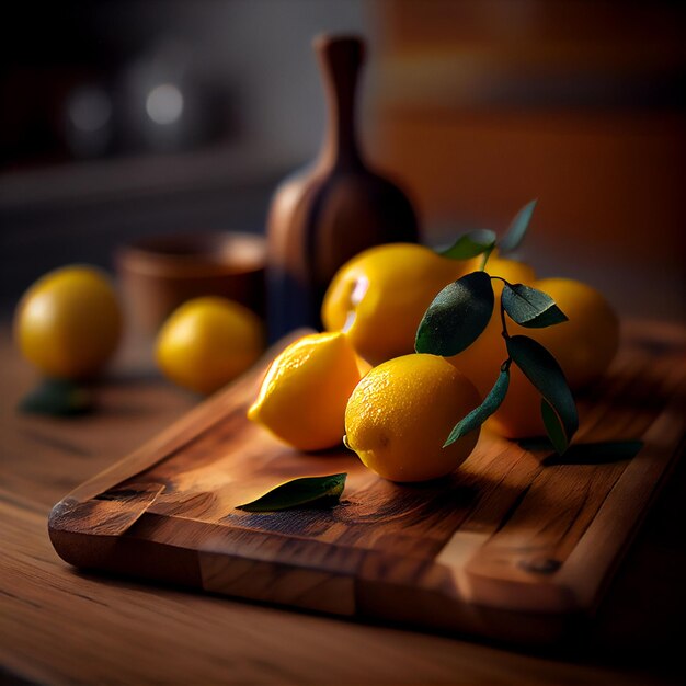 A wooden cutting board with lemons on it and a bottle of wine behind it.