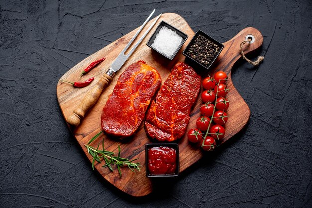 A wooden cutting board with meat and ingredients including tomatoes, meat, and sauces.