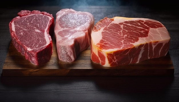 A wooden cutting board with meat staks on it