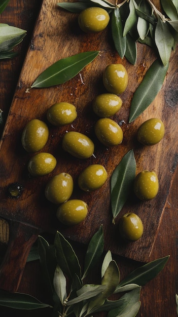 Photo a wooden cutting board with olives on it