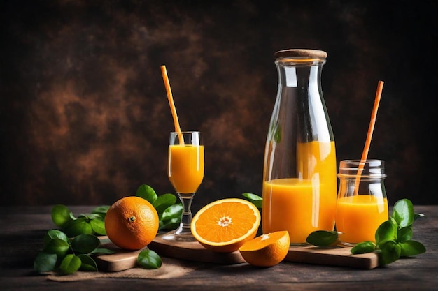 a wooden cutting board with oranges and a bottle of orange juice