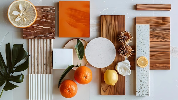 a wooden cutting board with oranges fruits and a plate of fruit on it