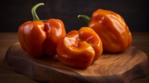 A wooden cutting board with peppers on it