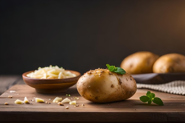 A wooden cutting board with a pile of potatoes and a bowl of grated cheese.