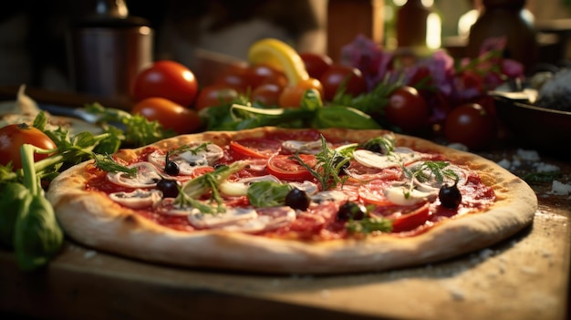 Wooden cutting board with pizza