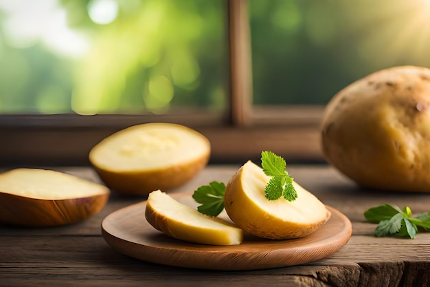 A wooden cutting board with potatoes and a green leaf on it