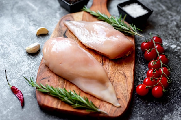 A wooden cutting board with raw chicken and rosemary on it.