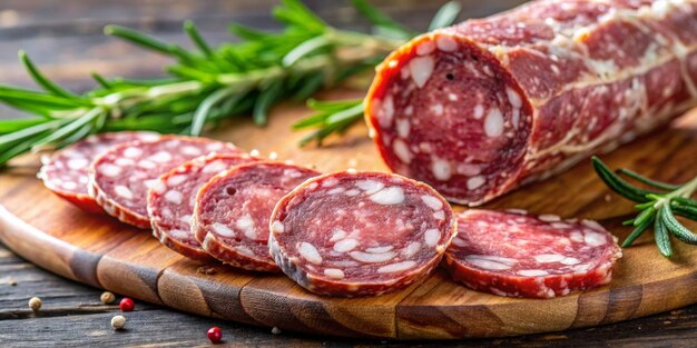 a wooden cutting board with salami on it and a bunch of green leaves