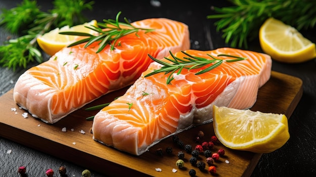 A wooden cutting board with salmon and lemons on it.