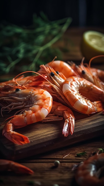 A wooden cutting board with shrimps on it.