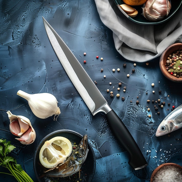 A wooden cutting board with spices herbs cherry tomatoes fish meat and salt