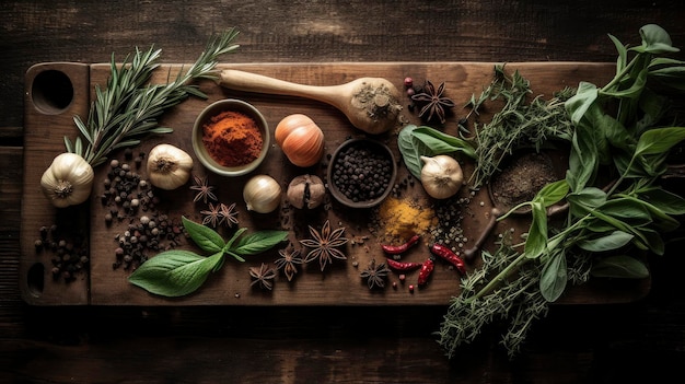 A wooden cutting board with spices and herbs on it