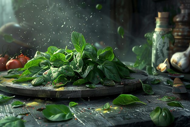 a wooden cutting board with spinach on it and a few leaves on it