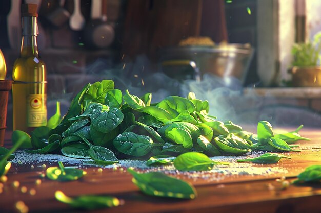 a wooden cutting board with spinach on it and a few leaves on it