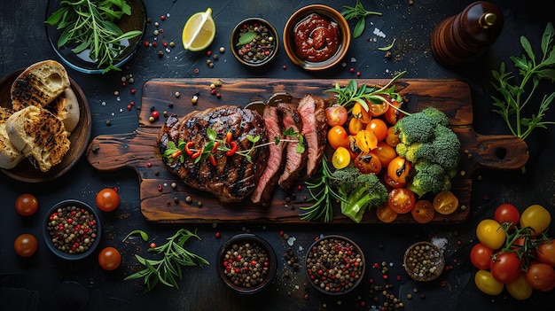 A wooden cutting board with a steak and vegetables on it