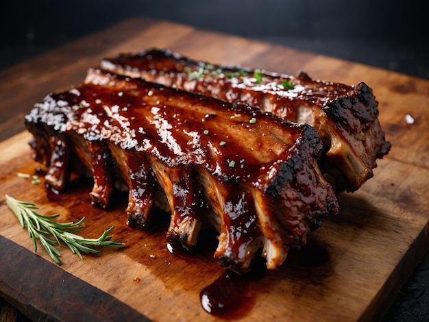 Photo a wooden cutting board with steaks on it and a green sprig of rosemary on the top