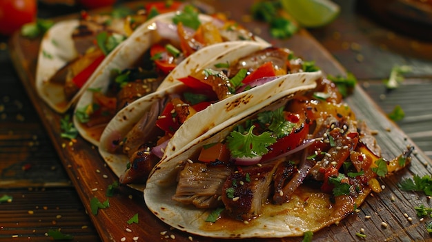 a wooden cutting board with taco and a variety of ingredients