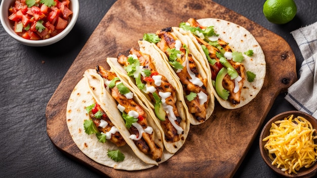 a wooden cutting board with tacos on it and a bowl of salsa on the side