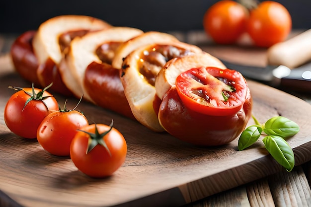 A wooden cutting board with tomatoes and tomatoes on it