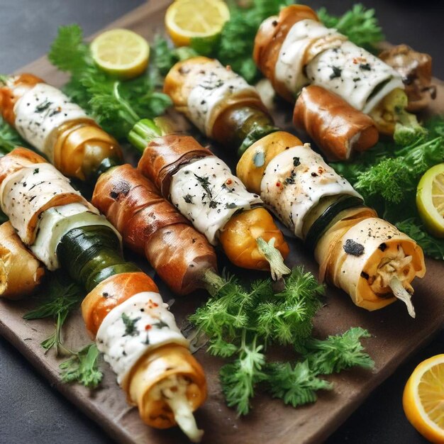 Photo a wooden cutting board with a variety of food items including a lemon wedge