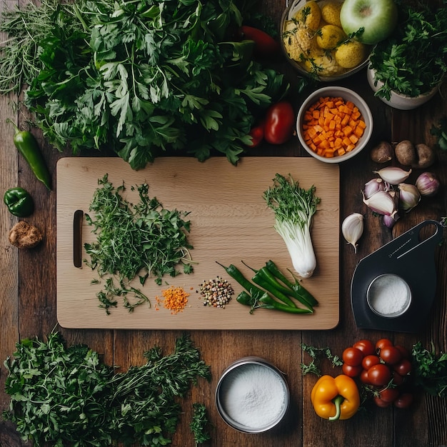 A wooden cutting board with various herbs spices and vegetables