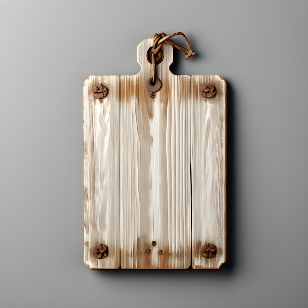 a wooden cutting board with a wooden handle hanging from it