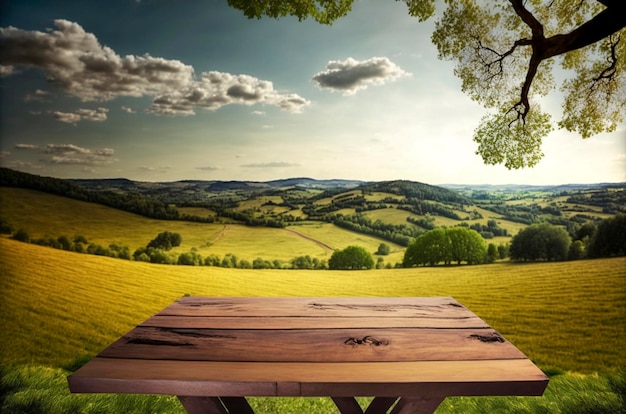 Wooden cuttingboard on wooden table for standing product against nature landscape ai generative