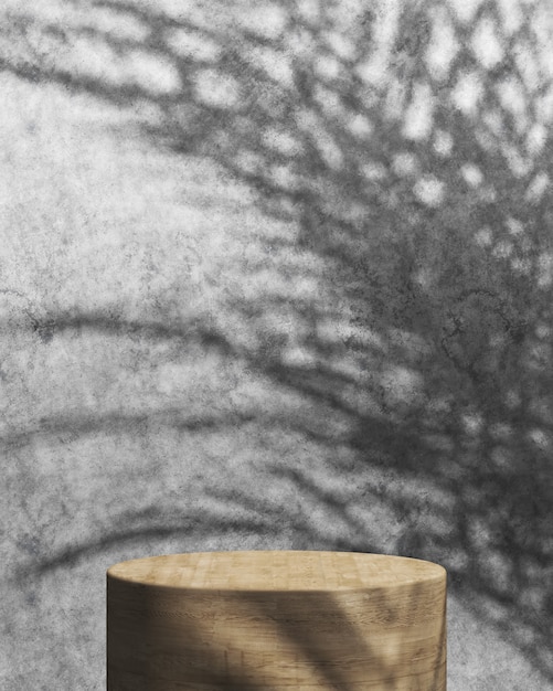 The wooden cylindrical platform and cement wall, Tropical plants shade on background, Abstract background for product presentation. 3d rendering